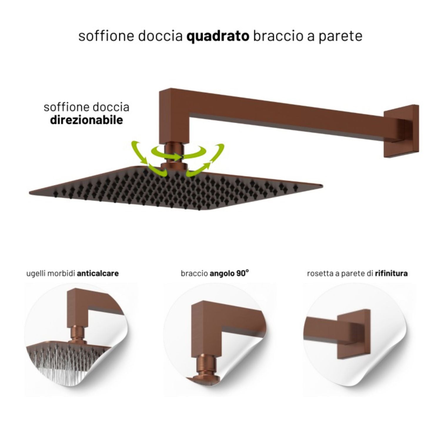 Set per doccia soffione quadro in acciaio inox 25x25 millimetri color oro rosa *** finitura- oro rosa, confezione 1