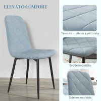 Set 4 Sedie per Cucina Imbottite, in Tessuto Effetto Velluto e Acciaio, 45x54x87 cm, Azzurro