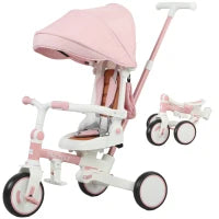 Triciclo per Bambini 5 in 1 con Maniglione di Spinta e Copertura Rimovibile, 96.5x49x101 cm, Rosa