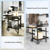Carrello per Barbecue con Piano in Acciaio e Ripiano Richiudibile, Ruote e Ganci, 91x58x76 cm, Nero
