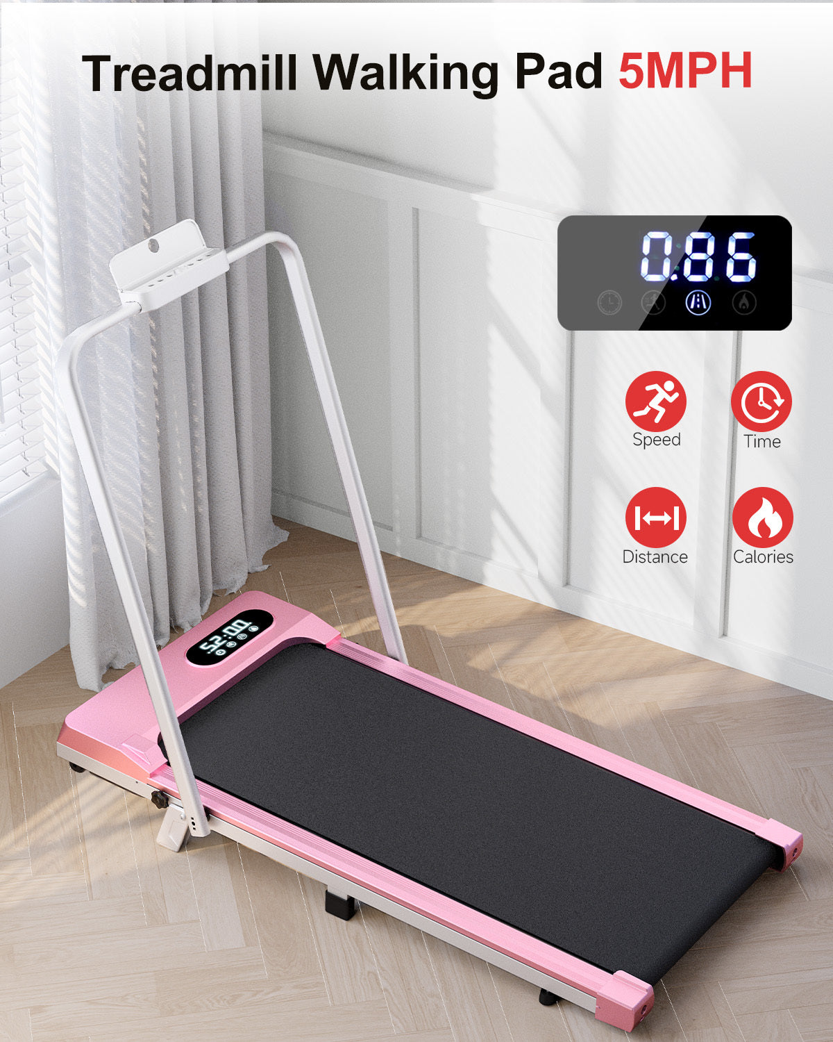 Tapis Roulant Elettrico Pieghevole 1-8 km/h - RATTANTREE - con Inclinazione, Display a LED, Supporto per App e Tablet - Portante 145kg - Rosa