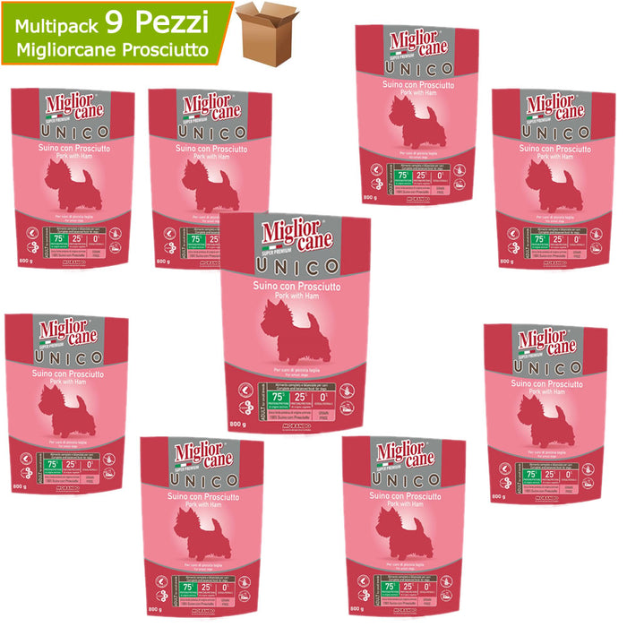 Migliorcane cane suino con prosciutto grammi 800 alimento secco multipack 9 confezioni
