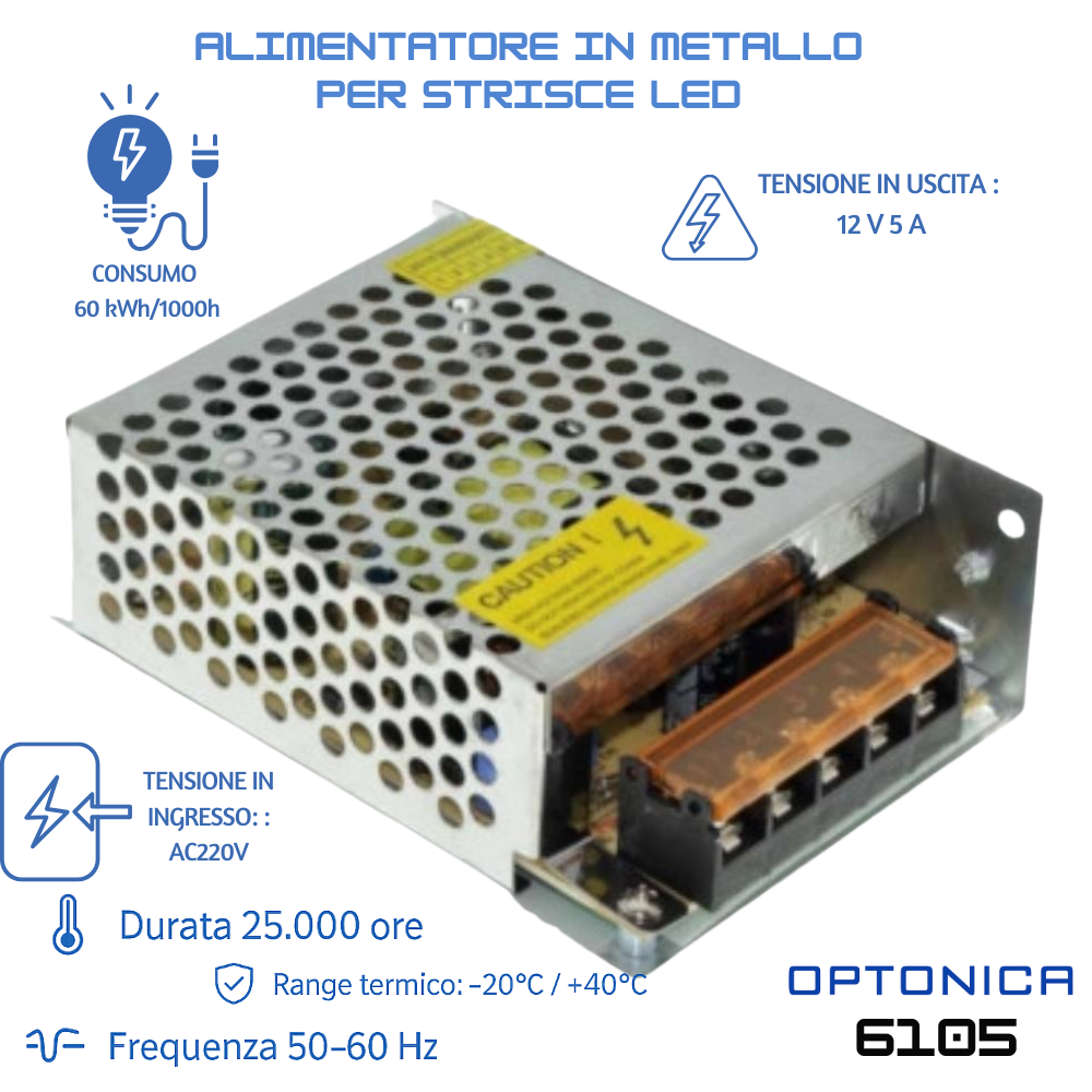 Alimentatori in metallo 12v per strisce led vari wattaggi *** potenza 60w, confezione 1
