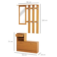 Set Mobili Ingresso Moderno con Scarpiera e Specchio, Appendiabiti da Ingresso con 6 Ganci, 2 Ripiani Regolabili e Cassetti in Legno per Corridoio, 90x24x177 cm, Legno