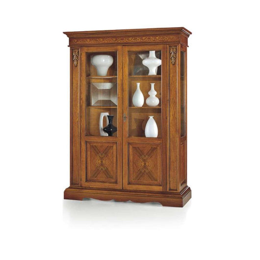 Vetrina 2 ante 4 ripiani arte povera in legno massello e mdf con rifinitura noce Bassano intarsiato 155x48x210 H