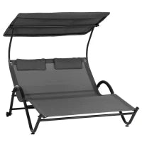 Lettino Prendisole Reclinabile a 2 Posti con Ruote, Poggiatesta Imbottito e Tetto, 200x137x138 cm, Grigio