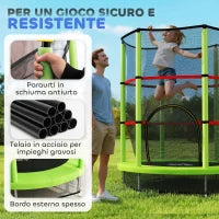 Tappeto Elastico per Bambini 3-6 Anni con Rete di Protezione, 6 Colonne e 3 Ingressi, Ø140x190 cm, Verde e Nero