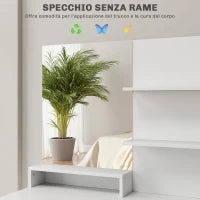 Toeletta Trucco con Specchio e Sgabello, Cassetto, Armadietto e Ripiani in Legno, Bianco