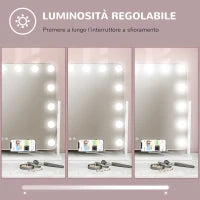 Specchio da Trucco con 14 Luci LED Regolabili e Ricarica USB, in Vetro e Metallo, 62.5x14x49.5 cm, Bianco