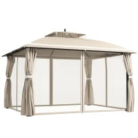 Gazebo da Giardino 3.7 x 3 m con Zanzariera, Tende Laterali e Doppio Tetto, Beige