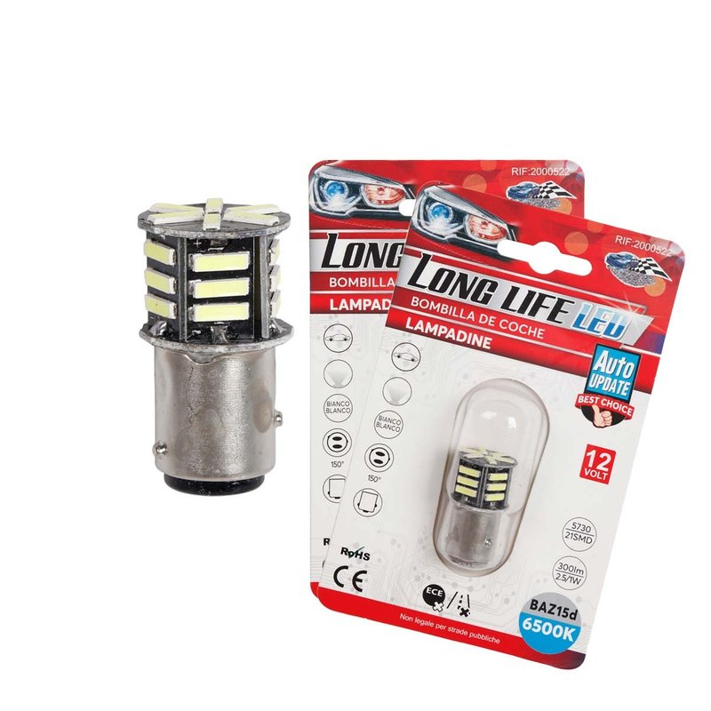 2 Pezzi Lampada LED BAZ15D S25 P21/5W 21 SMD 5730 12V 300lm 1W/2.5W Doppio Filamento Bianco Piedi Sfalsati 42mm