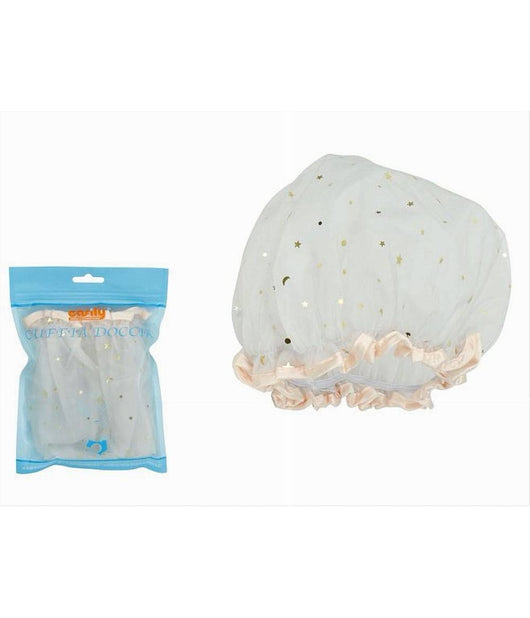 2pz Cuffia Doccia Bagno Elastico Bordino Rosa Chiaro Stelle Protegge Capelli 79609         