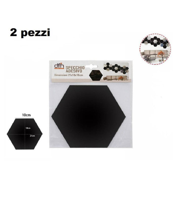 2pz Specchio Adesivo Esagonale Adesiva Murale Arredamento Casa 21x18cm 70877 Nero         