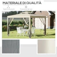 Gazebo da Giardino 3x3m con Zanzariera, Doppio Tetto e Telaio in Metallo, Beige