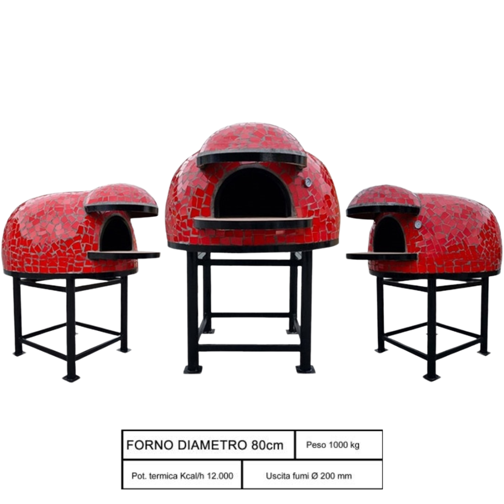 Forno legna artigianale mosaico rosso linea unique diametro 80 cm con base ferro