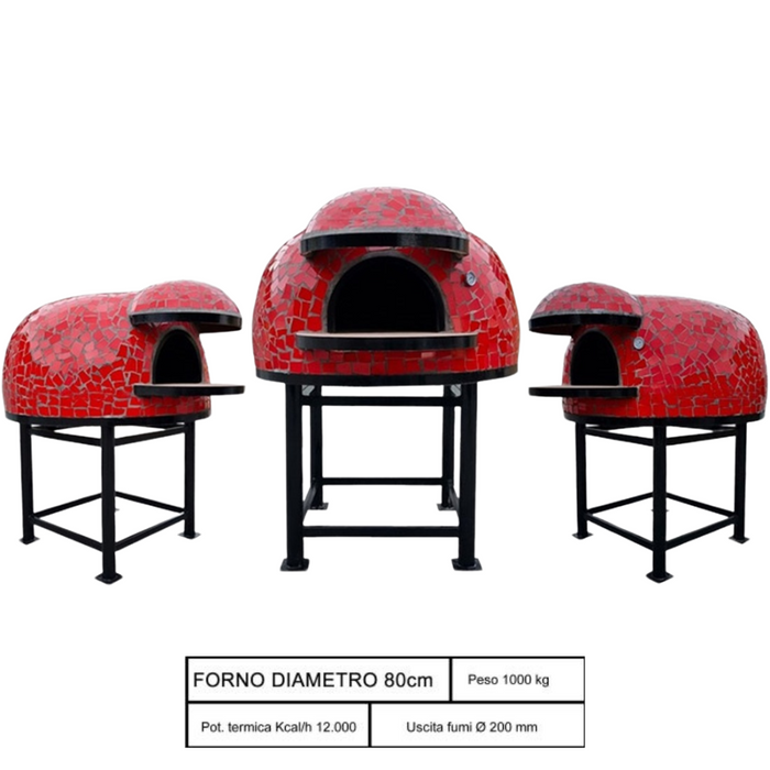Forno legna artigianale mosaico rosso linea unique diametro 80 cm con base ferro
