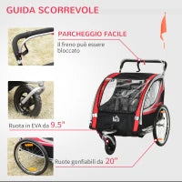 Rimorchio Bici per Bambini e Passeggino, Design 2 in 1 con Freno, Cintura a 5 Punti, Carrello Rimorchio per Bicicletta con Tasche Laterali, Catarifrangenti e Bandierina, Rosso