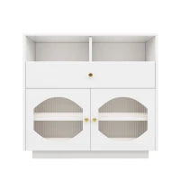 Credenza da cucina con ante in vetro, ampio spazio di stoccaggio, design moderno, 100×40×90,5 cm, Bianco