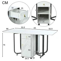 Tavolo da cucina versatile e pieghevole con ruote, con credenza e 2 cassetti, 150x80x76 cm, Bianco e Nero