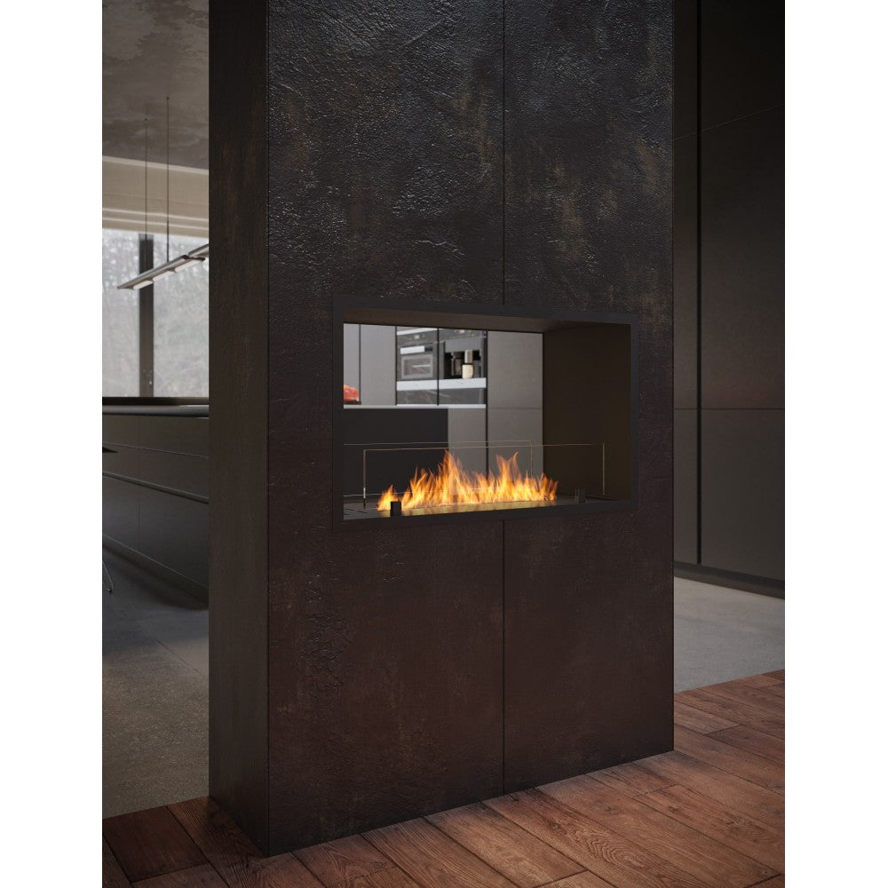 Caminetto a Bioetanolo 2Side 800 Slim da Incasso con due facciate - Nero Opaco, con Vetro, Bruciatore 1L, Design Moderno
