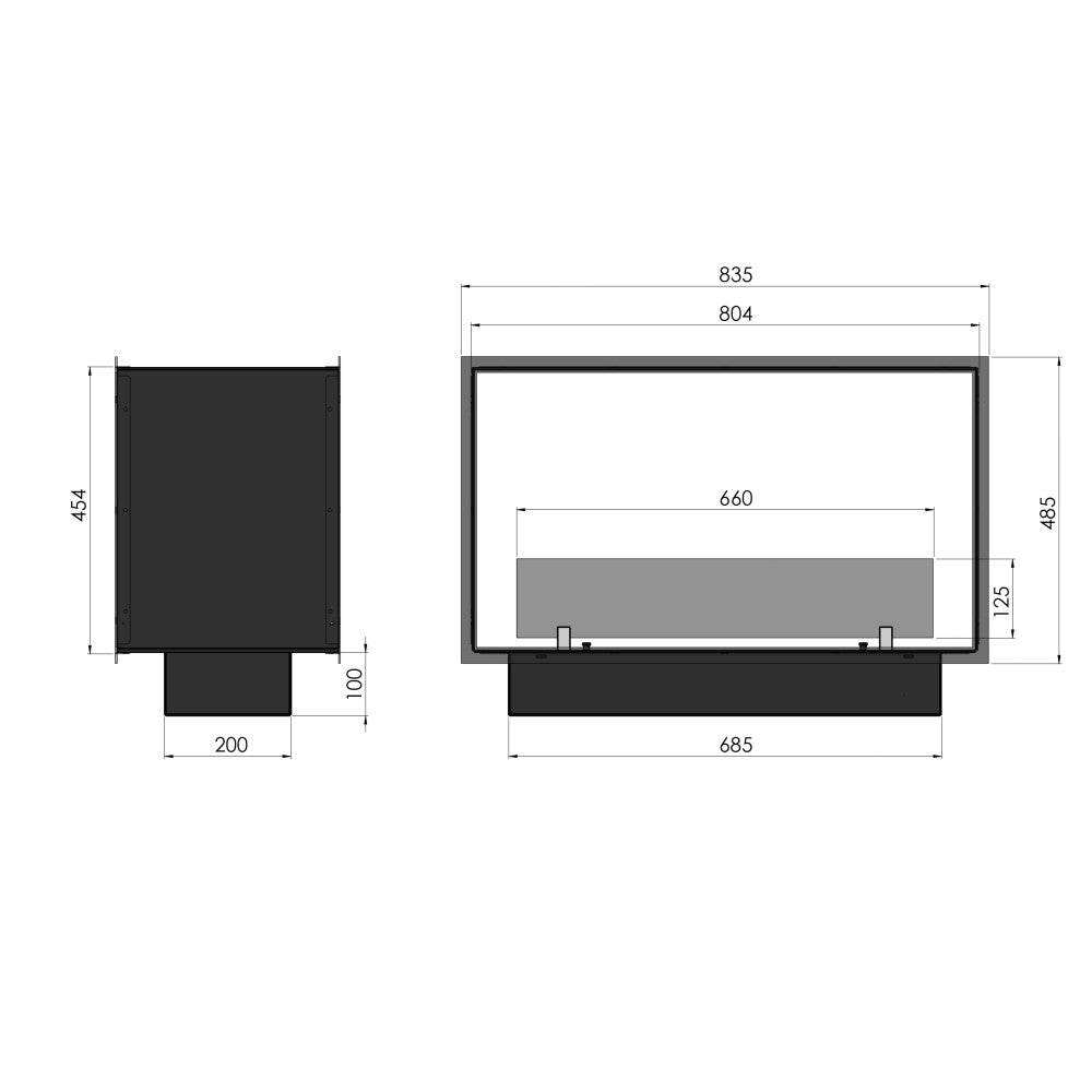 Caminetto a Bioetanolo 2Side 800 Slim da Incasso con due facciate - Nero Opaco, con Vetro, Bruciatore 1L, Design Moderno