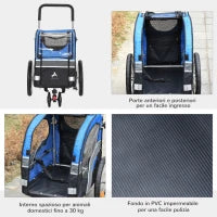 Carrello 2 in 1 Passeggino per Cani e Rimorchio Bici, Ruota Girevole Catarifrangenti e Bandierina 130x58x94cm Blu