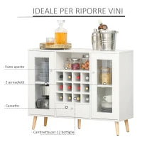 Credenza Moderna da Cucina con Cantinetta Vini 12 Bottiglie, Cassetto e Armadietti in Legno 100x33x80cm Bianco