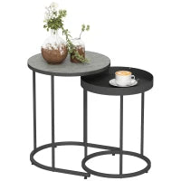 Set 2 Tavolini da Salotto Impilabili in Stile Industriale, in Legno e Metallo, Ø42x54 cm e Ø36.5x48.5 cm, Grigio e Nero