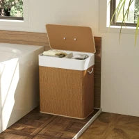 Cestino portabiancheria doppio con coperchio e manici in corda, in bambù, Capacità 100 L, Marrone