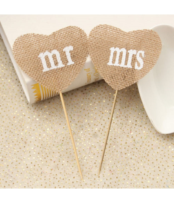 2x Stuzzicadenti Mr Mrs Cuore Juta Cake Per Decorazioni Torte Matrimonio Wedding         