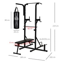 Power Tower con Panca e Sacco da Boxe di 20kg, Stazione Multiuso in Acciaio Nero per Allenamento Total Body