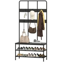 Appendiabiti da Ingresso 3 in 1 con 6 Ganci e Panca con Scarpiera, 91x36x180 cm, Nero