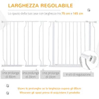 Cancelletto di Sicurezza per Cani in Acciaio e ABS, Estensibile 75-145cm per Scale e Porte, Bianco