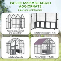 Recinto per Galline, Pollaio con Tetto Impermeabile, 2 Nidi, 2 Posatoi, per 6-8 Galline, 1.7 x 1.8 x 1.8 m, Grigio