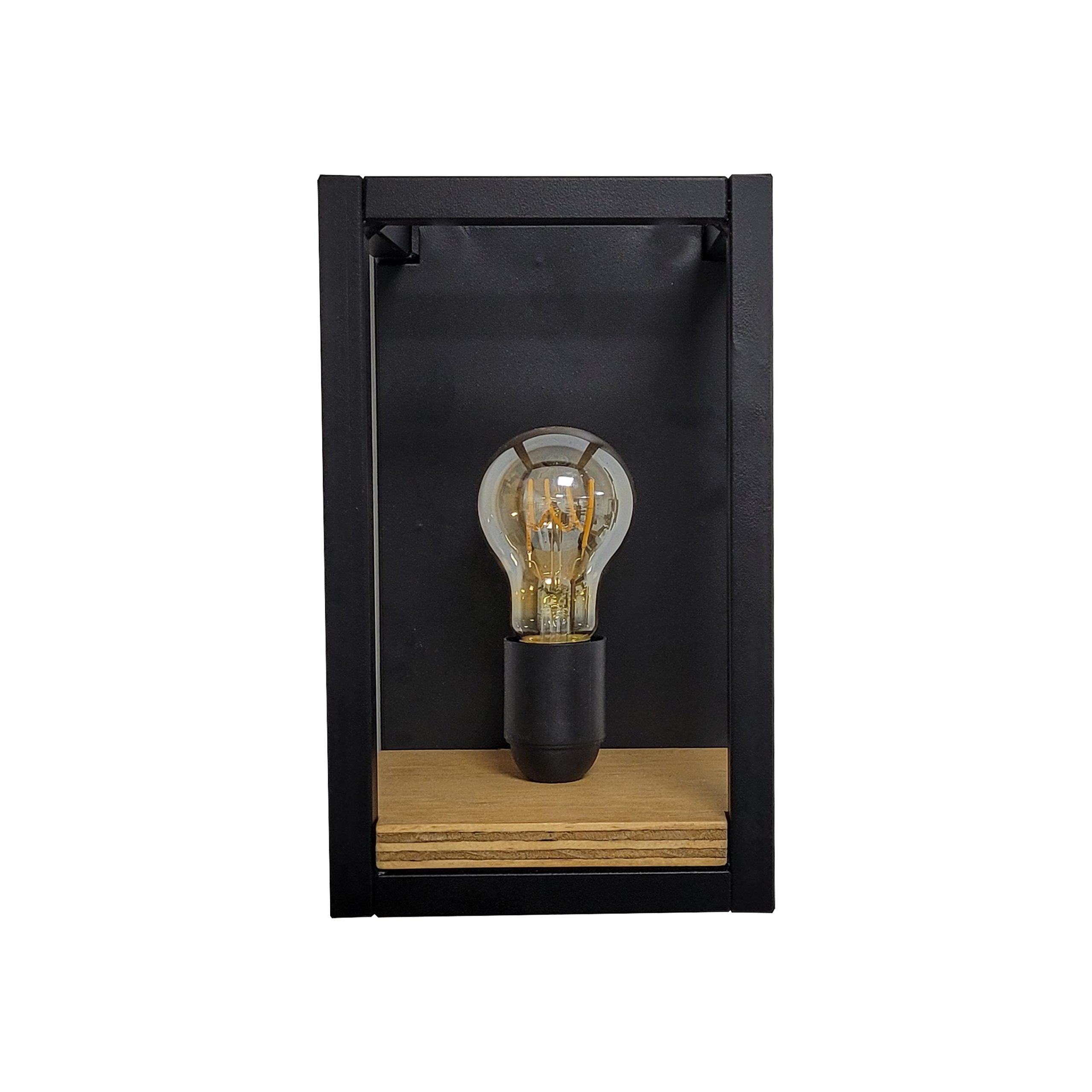 Horid - Lampada da parete industrial metallo e legno colore nero, lampada fissaggio a muro con tasselli cm15x15x25
