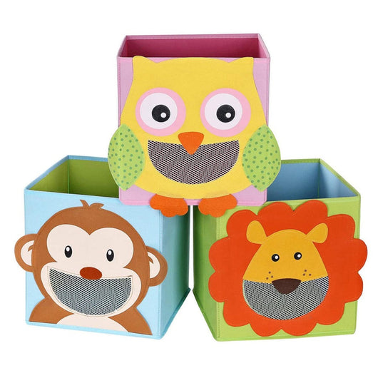 Set di 3 contenitori portaoggetti organizer per giocattoli cubi pieghevoli per soggiorno cameretta dei bambini sala giochi 27 x 27 x 27 cm motivi animali multicolori 12_0003375