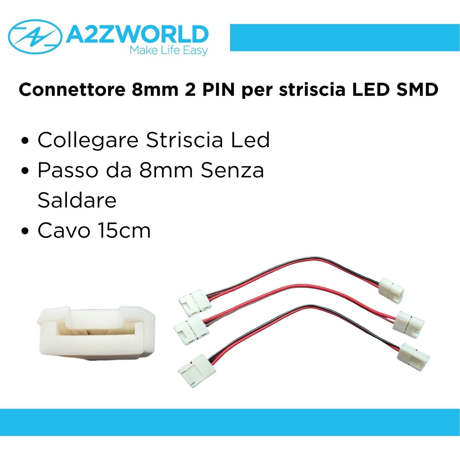 3 Pezzi Connettore 8mm 2 PIN, Per Collegare 2 Striscia Led Smd con Passo da 8mm Senza Saldare, Cavo 15cm