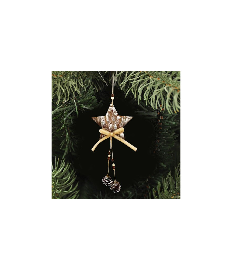 3 Appendini Natale Corteccia Legno Con Pigne Fiocco Stella Albero Alce         