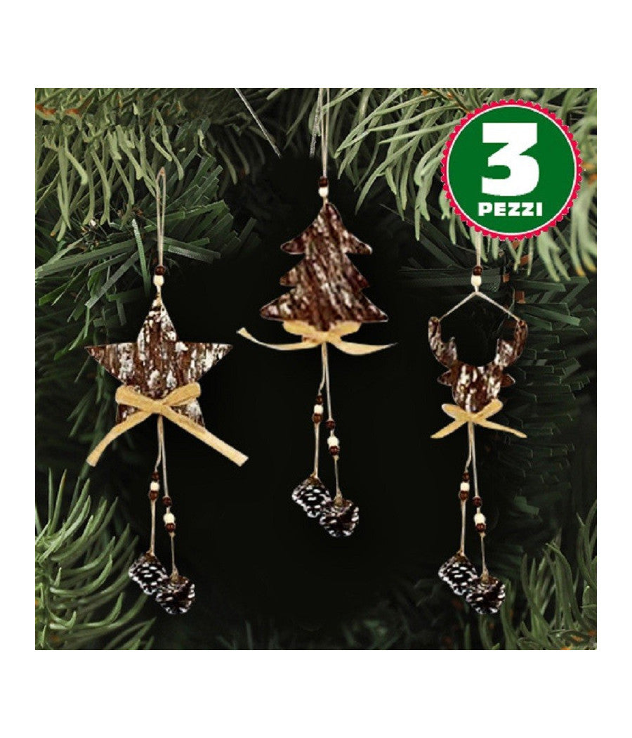 3 Appendini Natale Corteccia Legno Con Pigne Fiocco Stella Albero Alce         