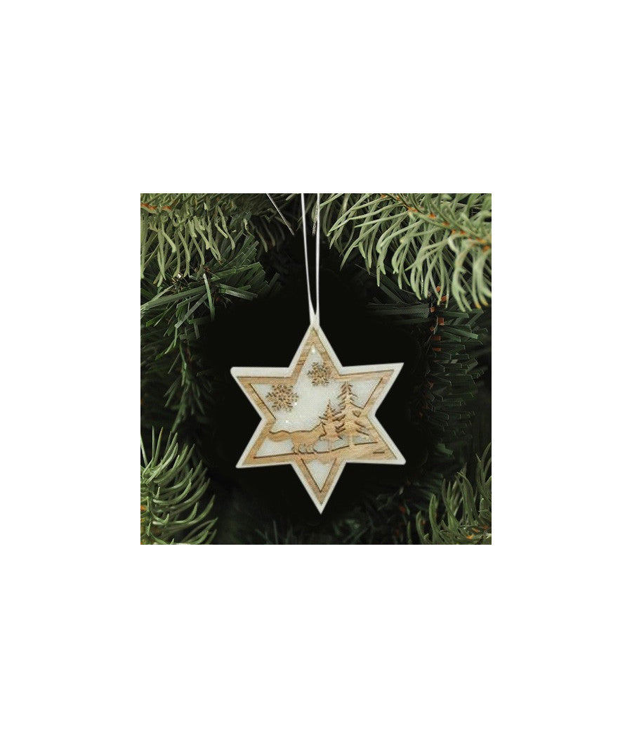 3 Appendini Natale In Legno E Ovatta Forma Stella Albero Cuore Con Scenario 16cm         