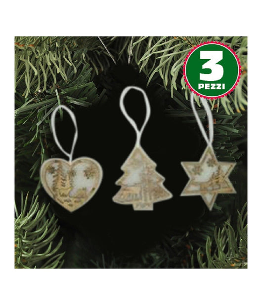 3 Appendini Natale In Legno E Ovatta Forma Stella Albero Cuore Con Scenario 16cm         
