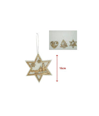 3 Appendini Natale In Legno E Ovatta Forma Stella Albero Cuore Con Scenario 16cm         