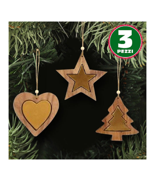 3 Appendini Natale In Legno Stella Albero Cuore Oro Decorazioni Natalizie         