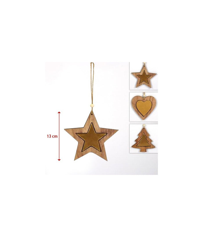 3 Appendini Natale In Legno Stella Albero Cuore Oro Decorazioni Natalizie         