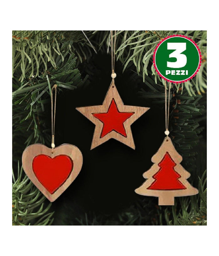 3 Appendini Natale In Legno Stella Albero Cuore Rosso Decorazioni Natalizie         