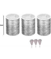 3 Bobine Rotoli Filo Poliestere Metallico + Infila Ago Argentato Ricamo Cucito         