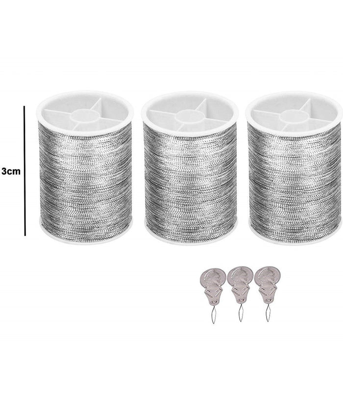 3 Bobine Rotoli Filo Poliestere Metallico + Infila Ago Argentato Ricamo Cucito         