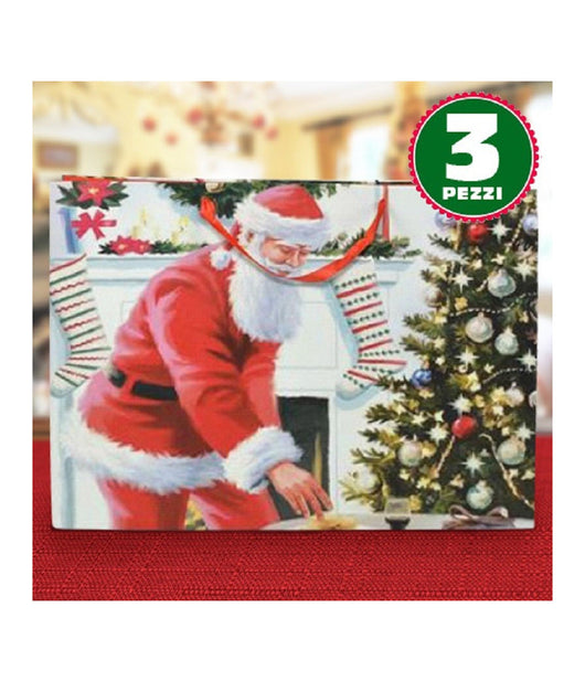 3 Buste Da Regalo Stampa Babbo Natale Classico Con Manici Rossi 40x20x55cm         