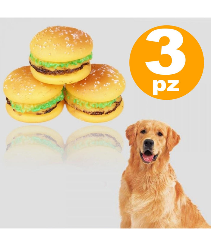 3 Giocattolo Panino Hamburger Gomma Suono Resistente Da Masticare Per Cani         