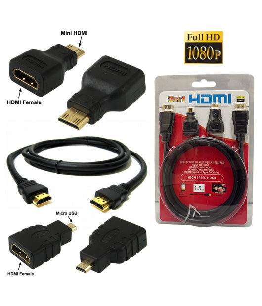 3 In 1 Cavo Hdmi Full Hd 1080p 1.5 M + Adattatori Mini Hdmi E Micro Hdmi Dorati         